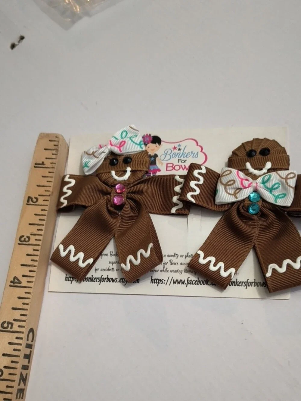 Brown Gingerbread Hair Bow Set with White Accents
